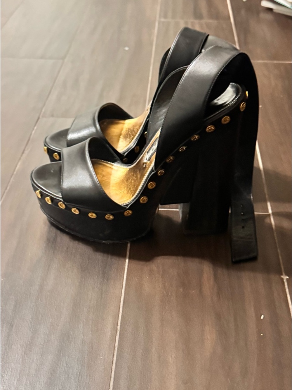 Tom Ford Black Leather Platform Sandals with Gold Studs